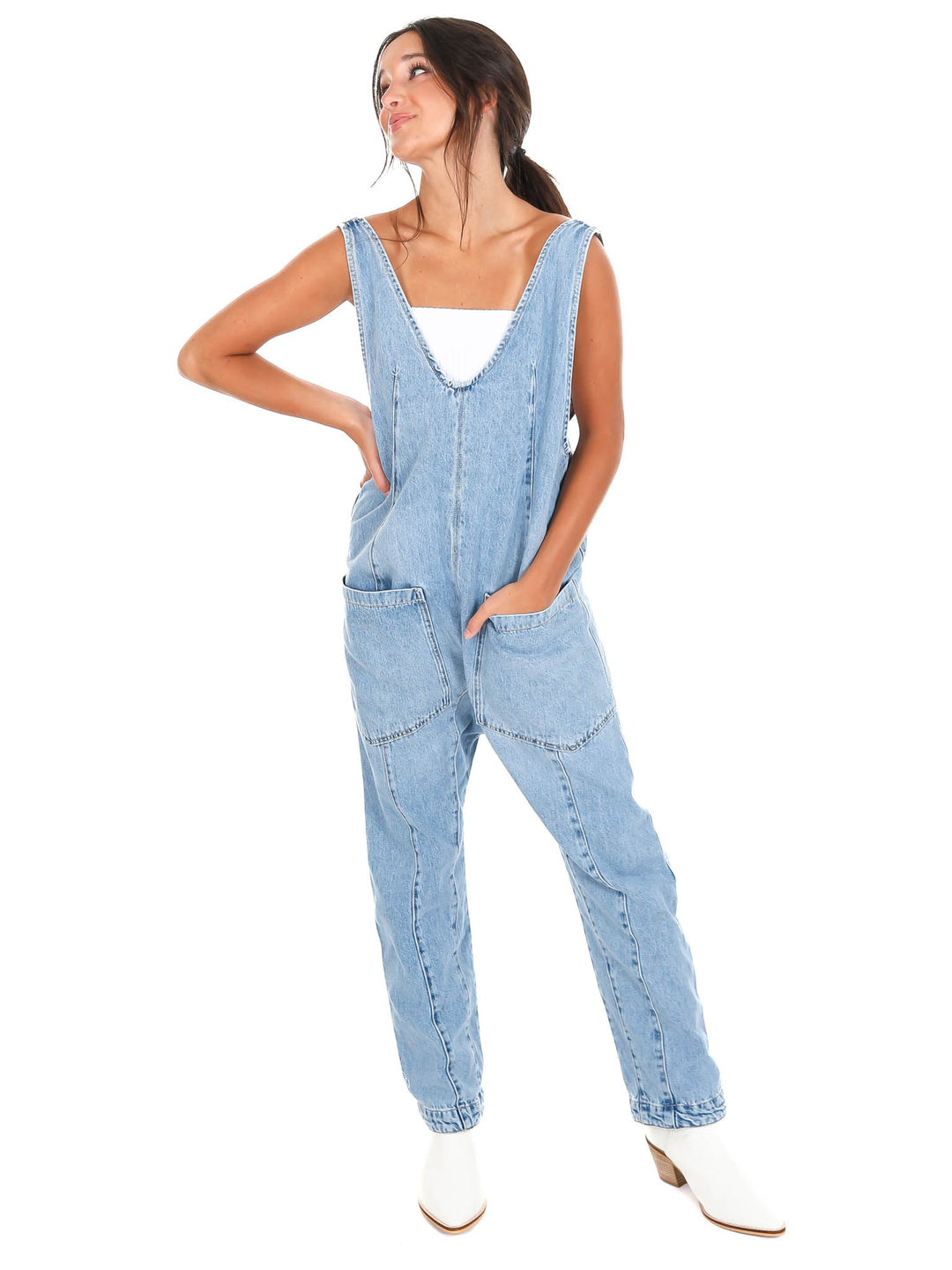 Free People High Roller Light Blue Denim Jumpsuit