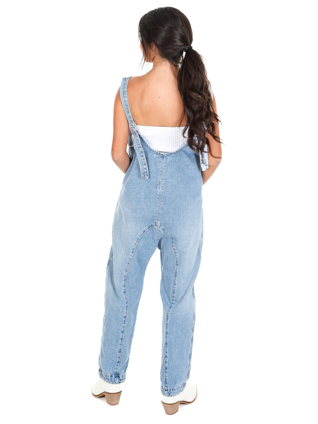 Free People High Roller Light Blue Denim Jumpsuit