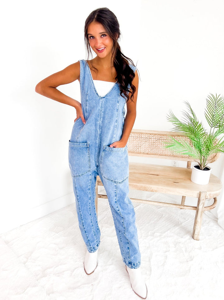 Free People High Roller Light Blue Denim Jumpsuit