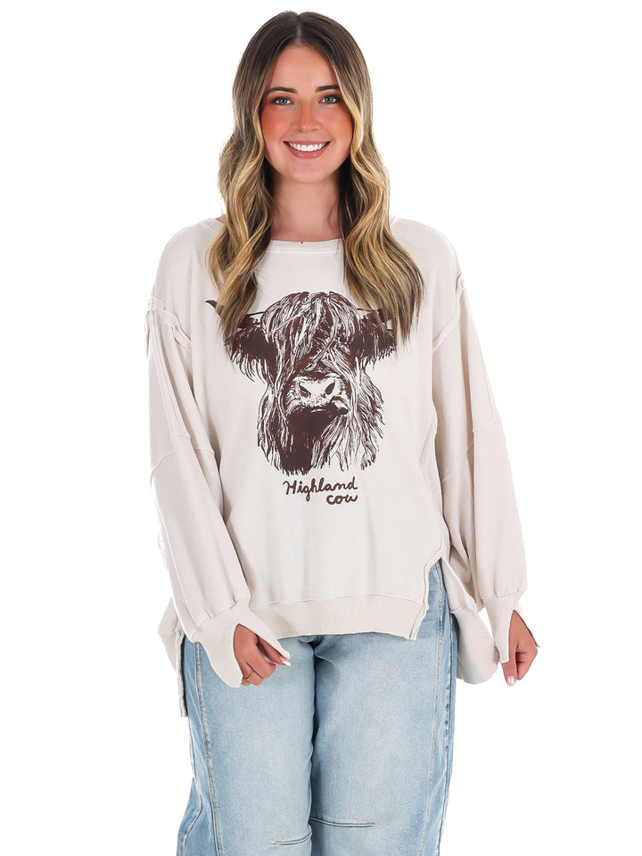 Free People Graphic Camden Highland Cow Pullover