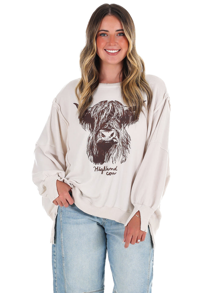 Free People Graphic Camden Highland Cow Pullover