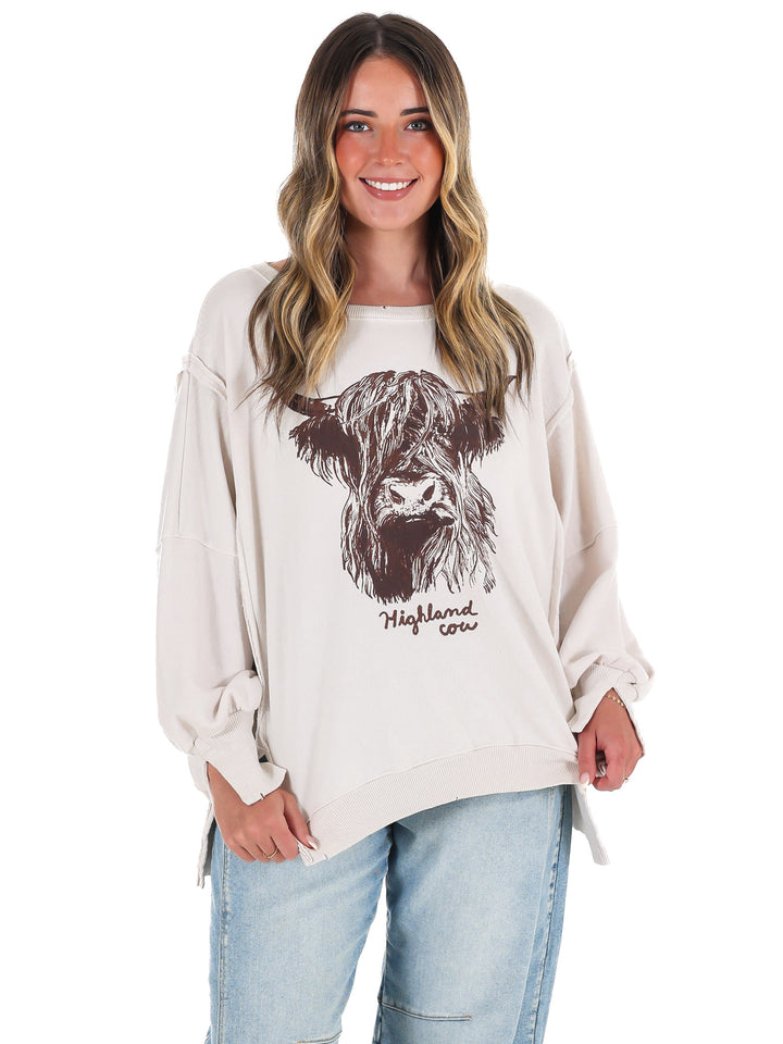 Free People Graphic Camden Highland Cow Pullover