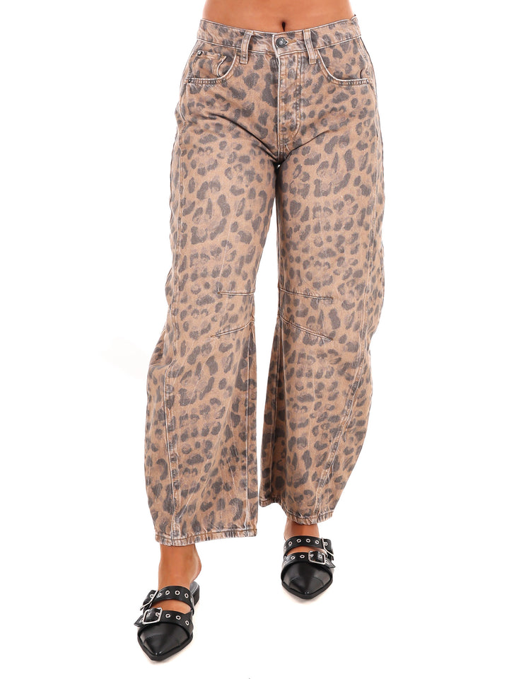 Free People Good Luck Printed Leopard Barrel Jeans