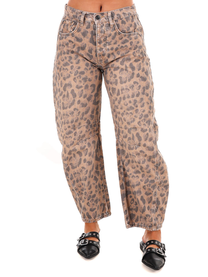 Free People Good Luck Printed Leopard Barrel Jeans