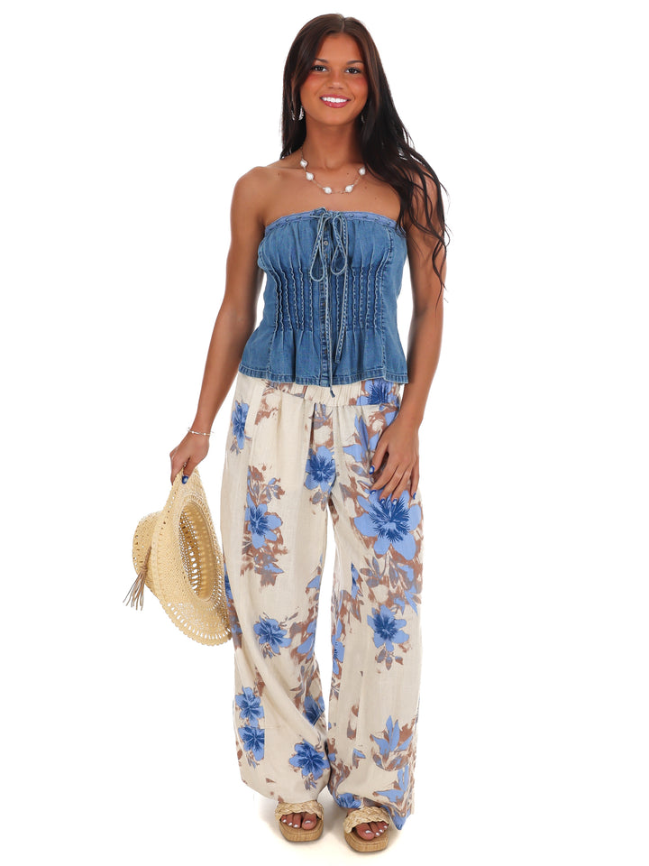 Free People Days End Printed Linen Pull On Pants