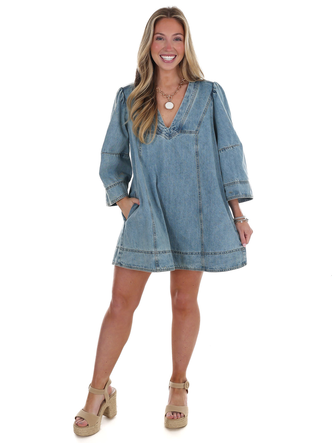 Free People Goldie Balloon Sleeve Denim Mini Dress