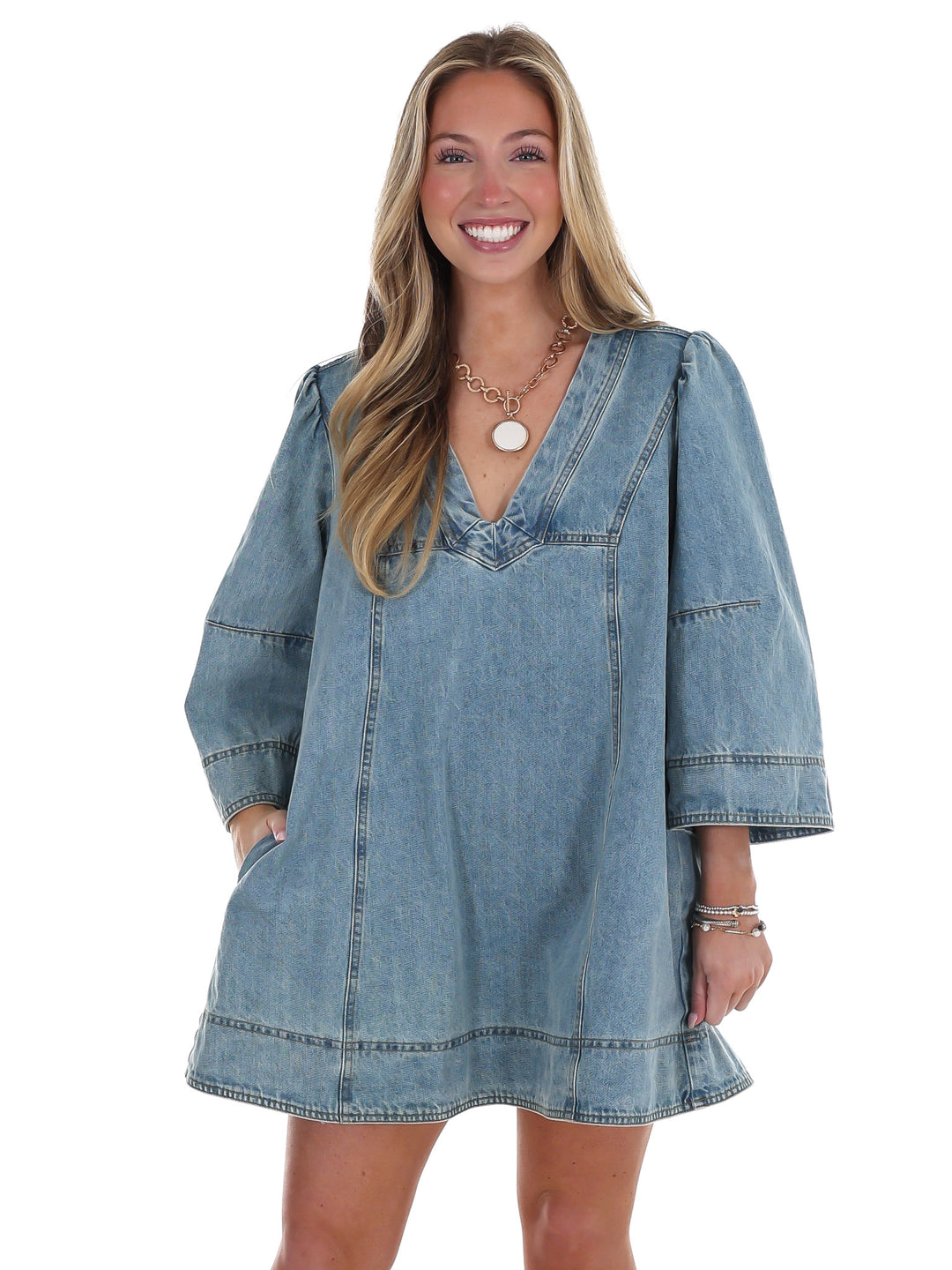 Free People Goldie Balloon Sleeve Denim Mini Dress