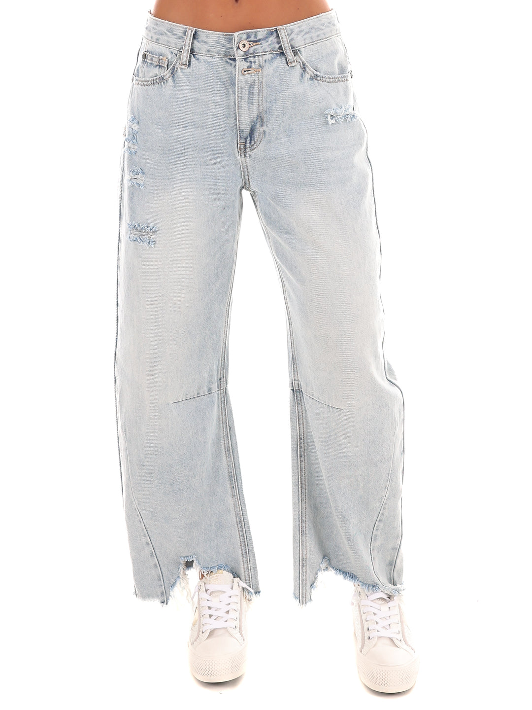 High Rise Distressed Barrel Jeans