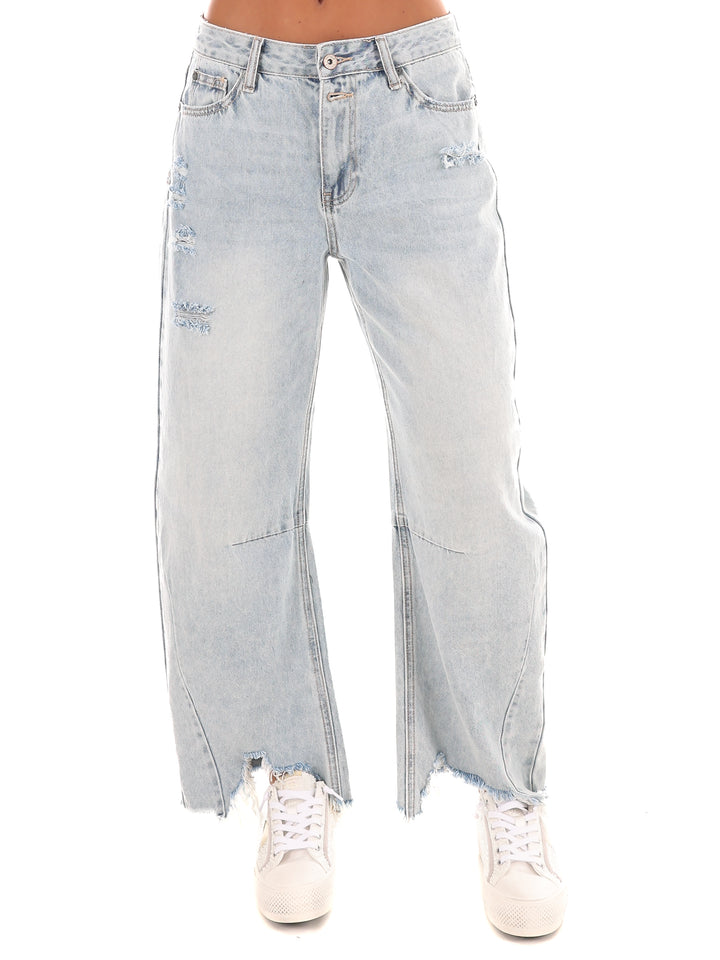 High Rise Distressed Barrel Jeans