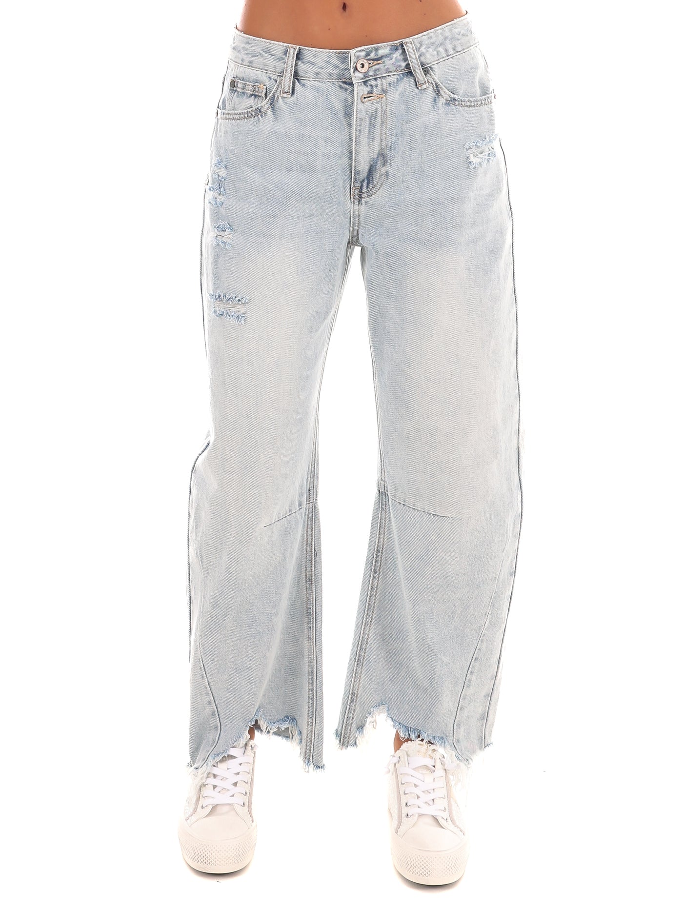 High Rise Distressed Barrel Jeans