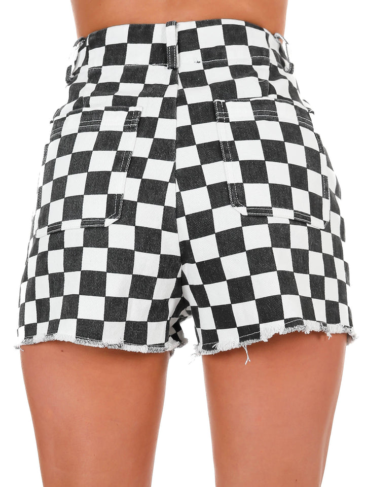 Got Your Number Checker Denim Shorts
