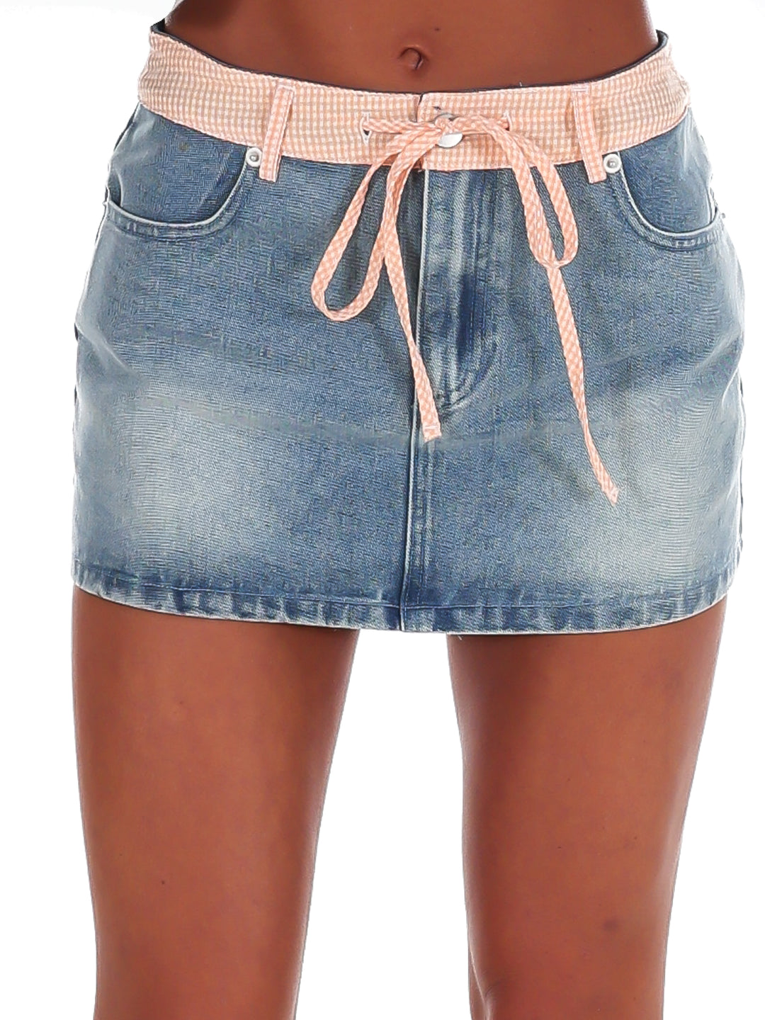 Pregame Mid Rise Gingham Denim Mini Skirt
