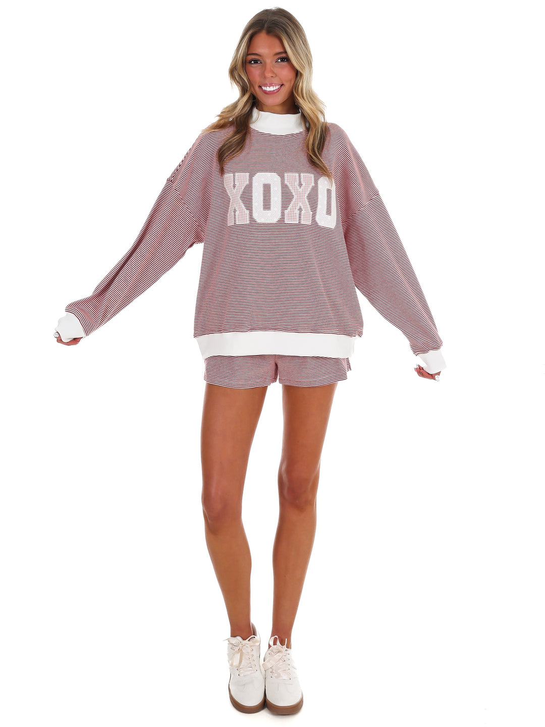 XOXO Stripe Mock Neck Sweatshirt