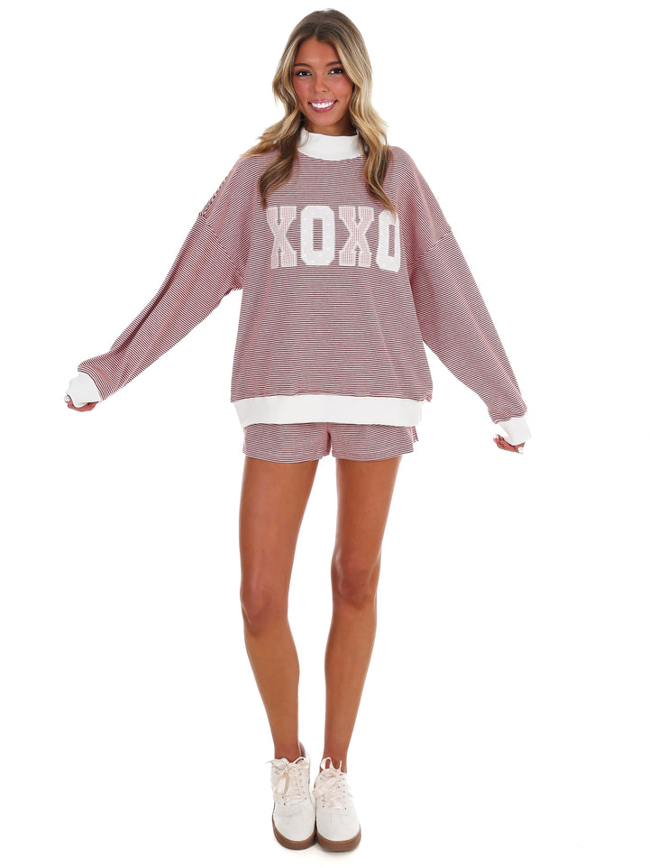 XOXO Stripe Mock Neck Sweatshirt