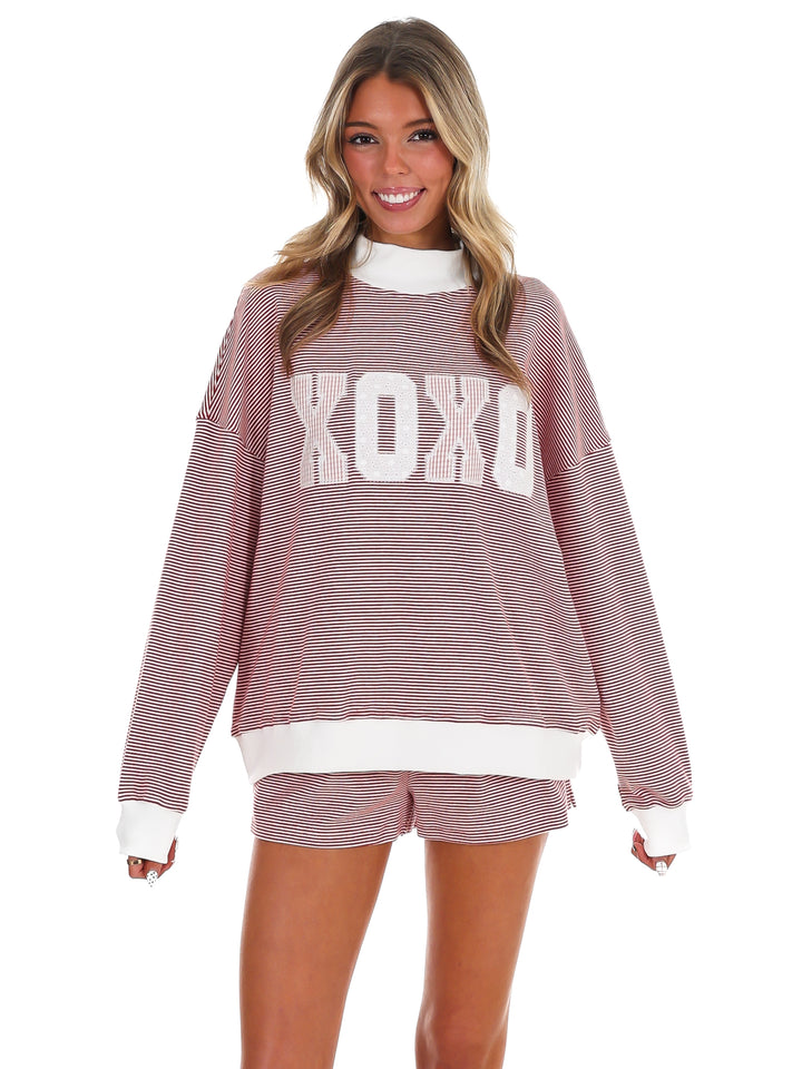 XOXO Stripe Mock Neck Sweatshirt