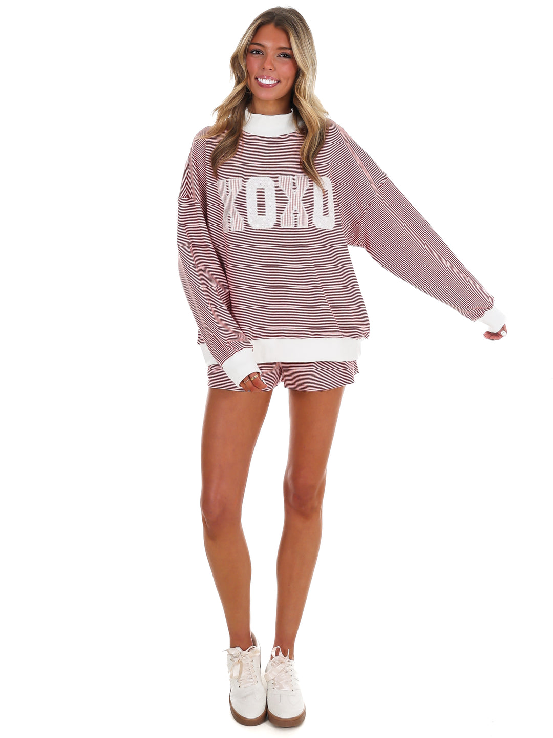 XOXO Stripe Mock Neck Sweatshirt