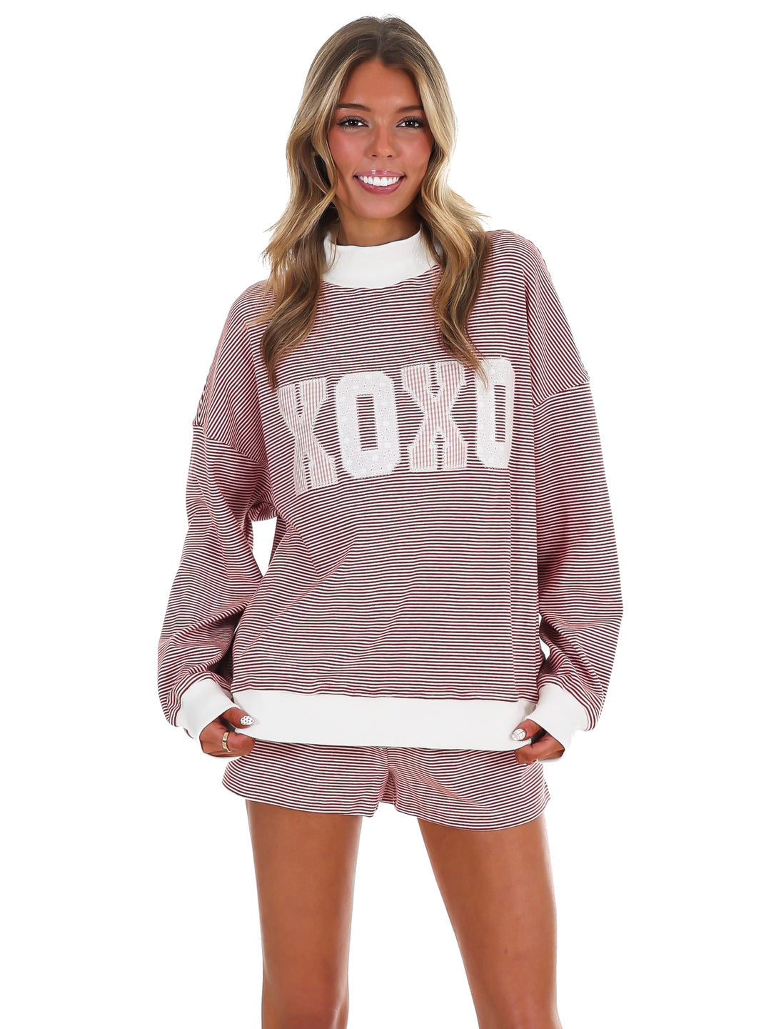 XOXO Stripe Mock Neck Sweatshirt
