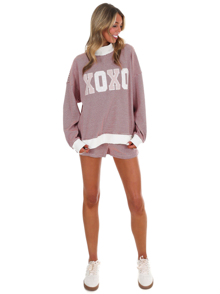 XOXO Stripe Mock Neck Sweatshirt
