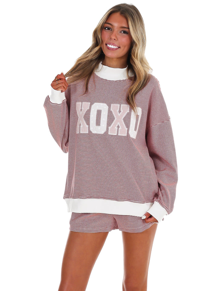XOXO Stripe Mock Neck Sweatshirt