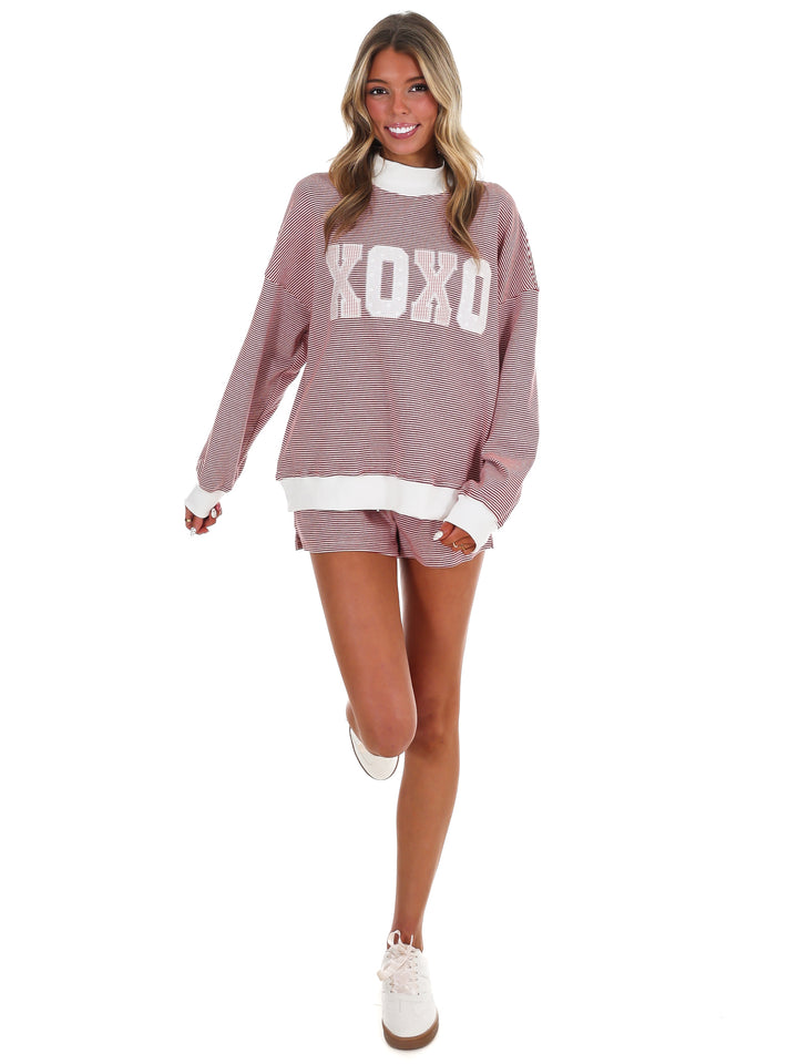 XOXO Stripe Mock Neck Sweatshirt