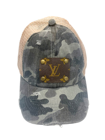 Upcycled Leather Distressed Camo Hat