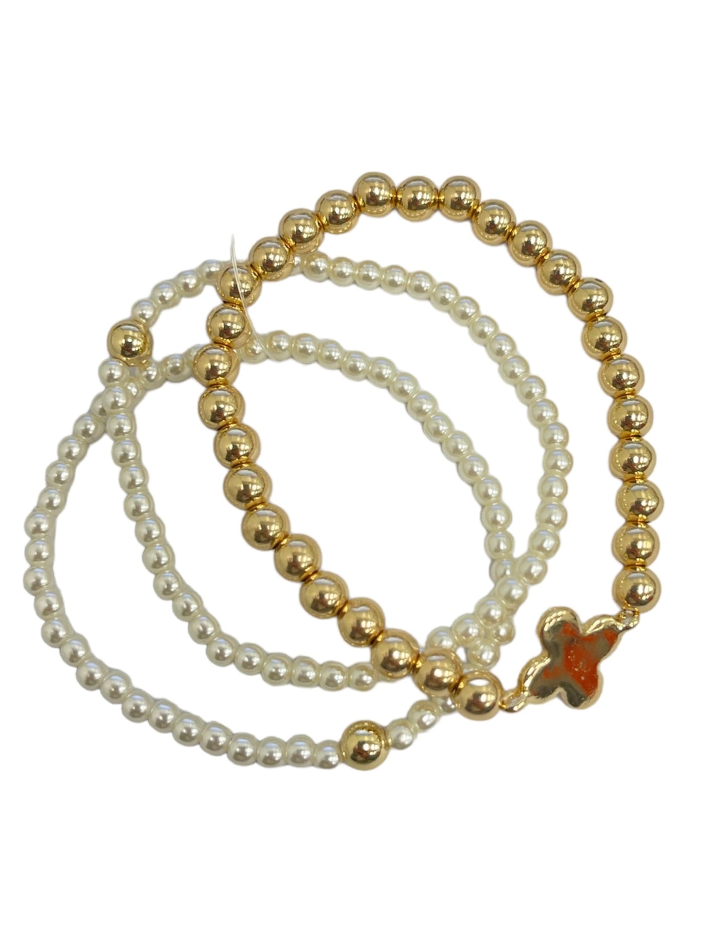 Gold and Pearl Clover Beaded Stack Bracelet