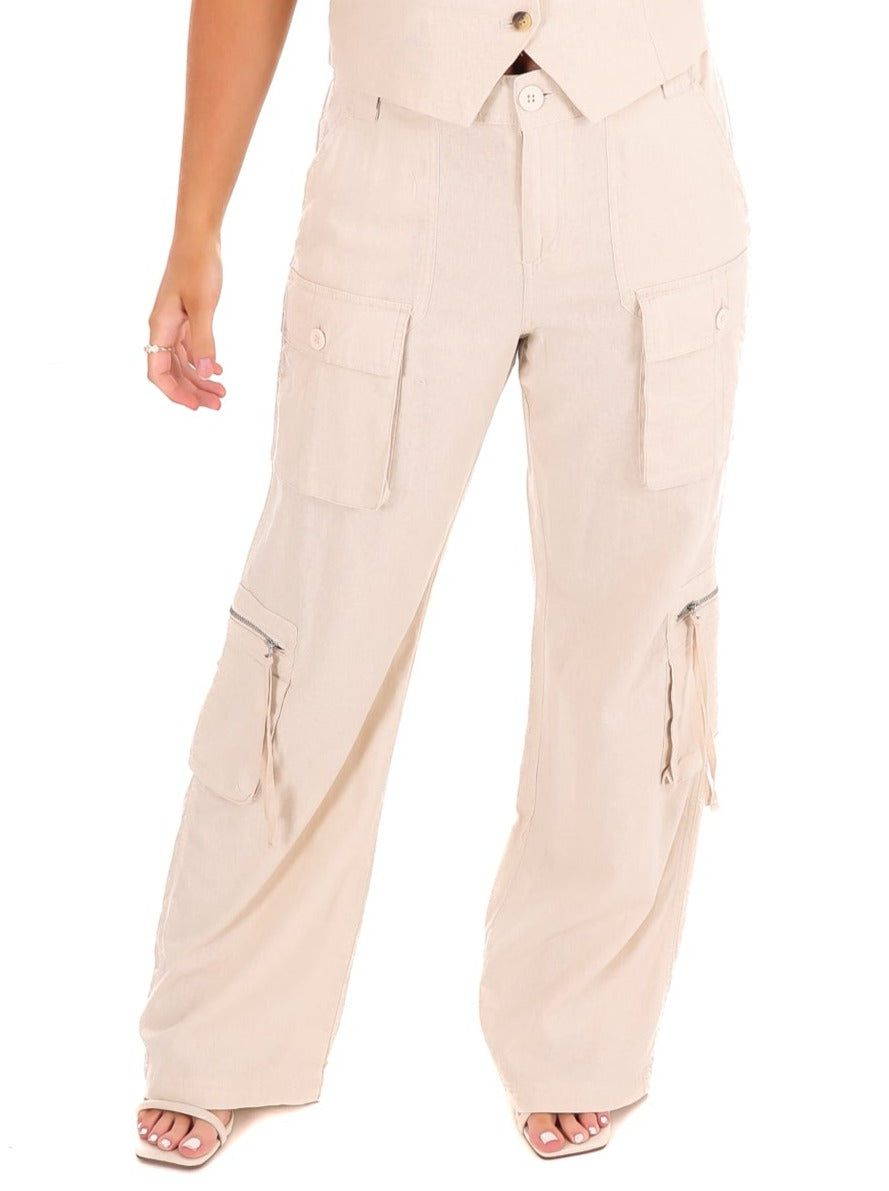 With the Girl's High Rise Linen Cargo Pants