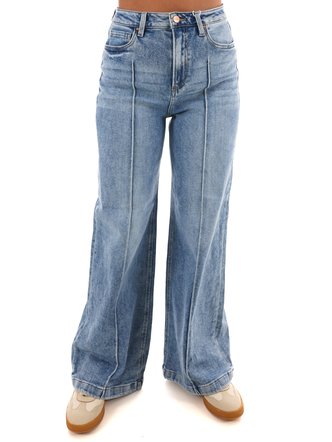 High Waist Pink Tuck Wide Leg Jeans