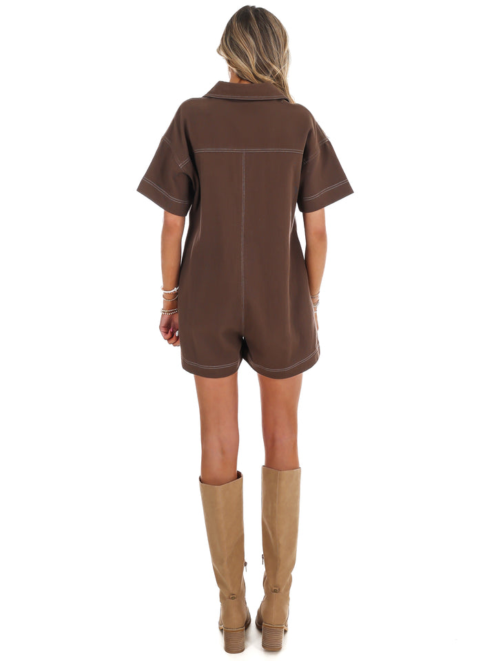Contrast Stitch Twill Romper