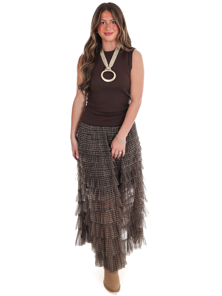 Brownstone Plaid Mesh Ruffle Maxi Skirt