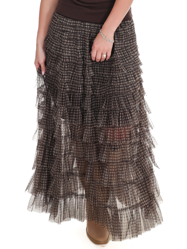 Brownstone Plaid Mesh Ruffle Maxi Skirt