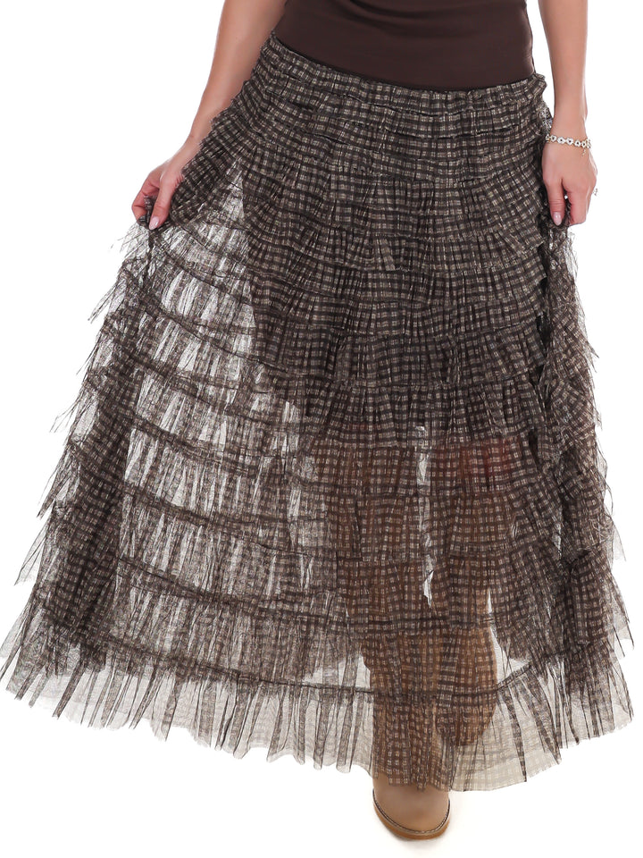Brownstone Plaid Mesh Ruffle Maxi Skirt
