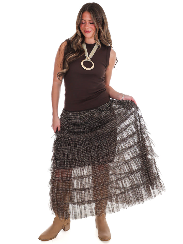 Brownstone Plaid Mesh Ruffle Maxi Skirt