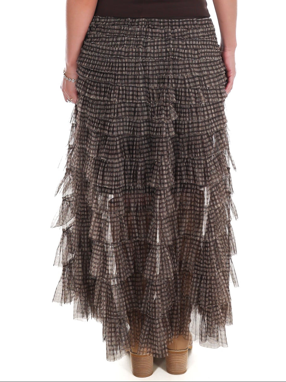 Brownstone Plaid Mesh Ruffle Maxi Skirt