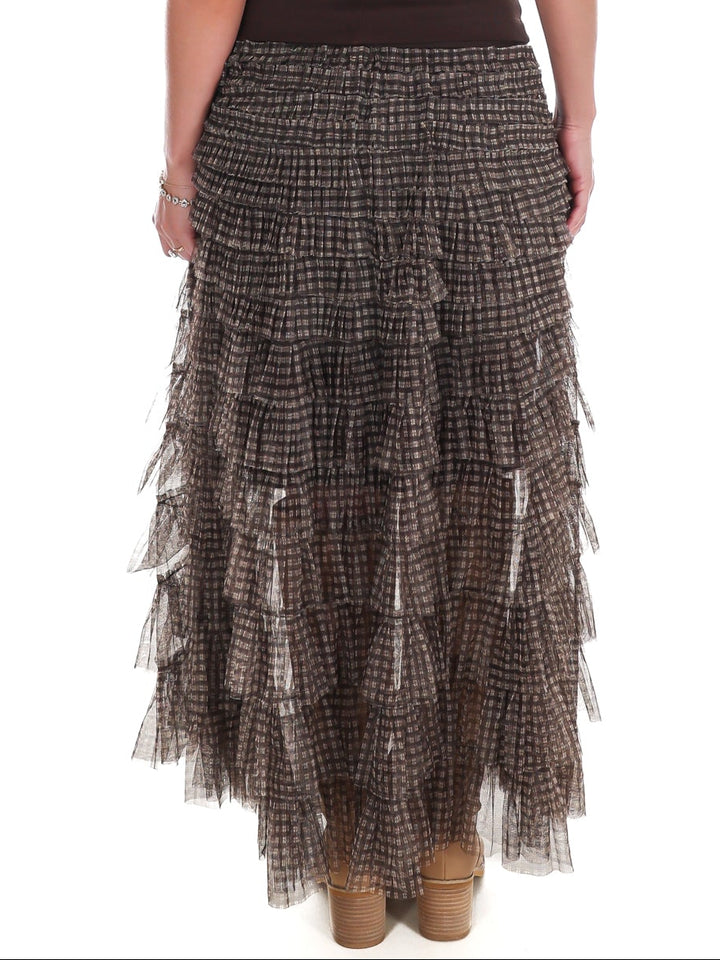 Brownstone Plaid Mesh Ruffle Maxi Skirt