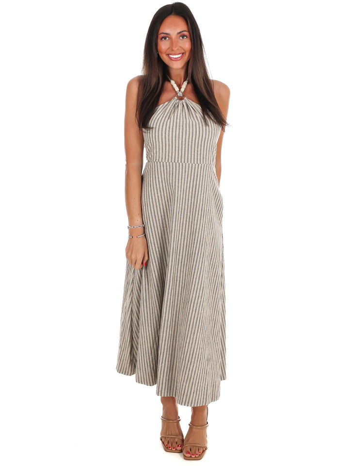 Natural Beauty Beaded Halter Stripe Midi Dress