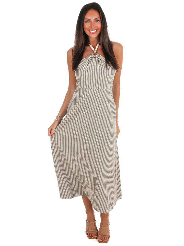 Natural Beauty Beaded Halter Stripe Midi Dress