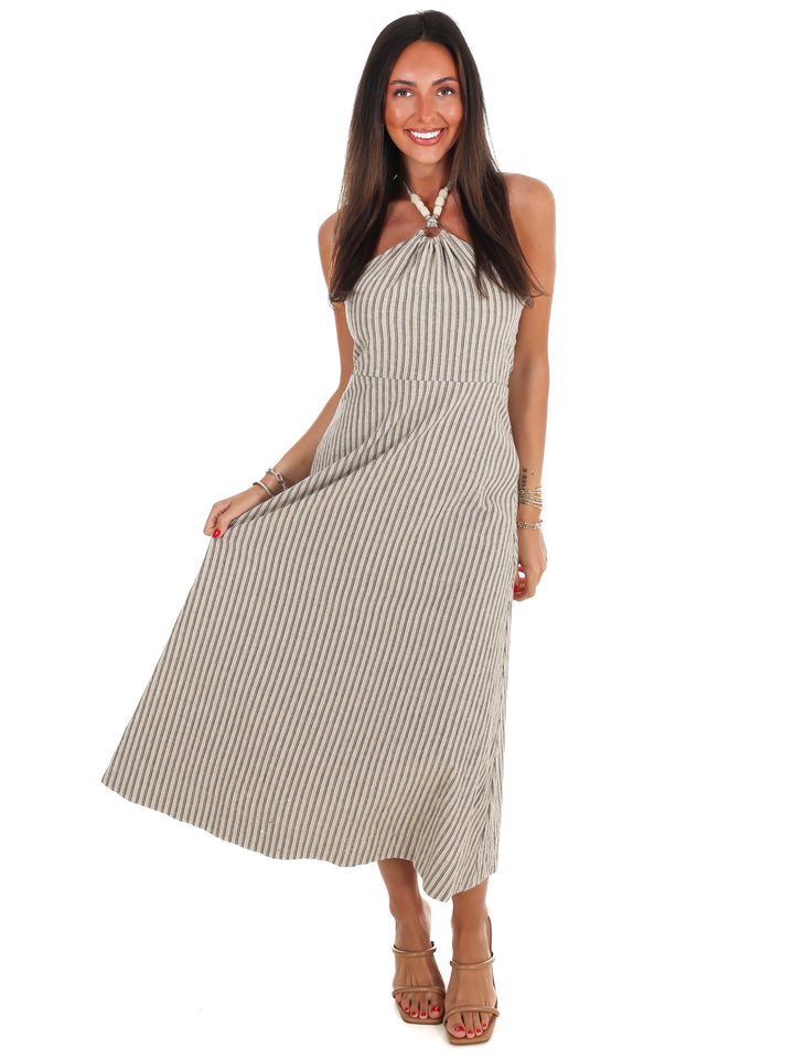 Natural Beauty Beaded Halter Stripe Midi Dress