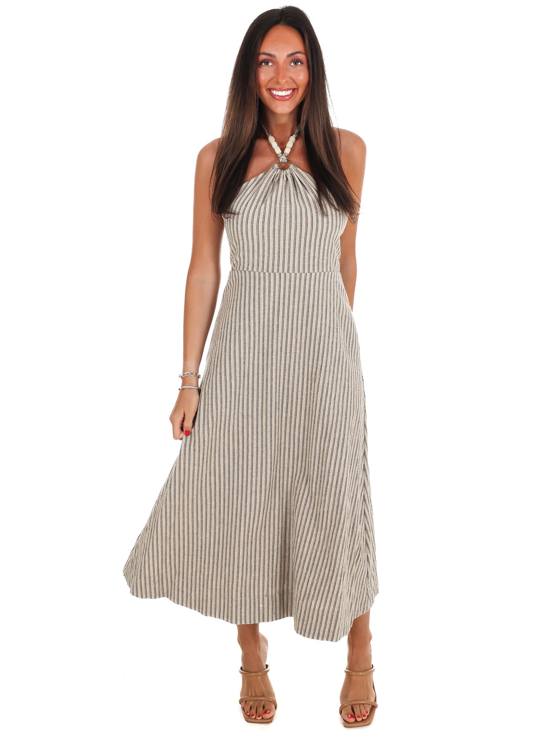 Natural Beauty Beaded Halter Stripe Midi Dress