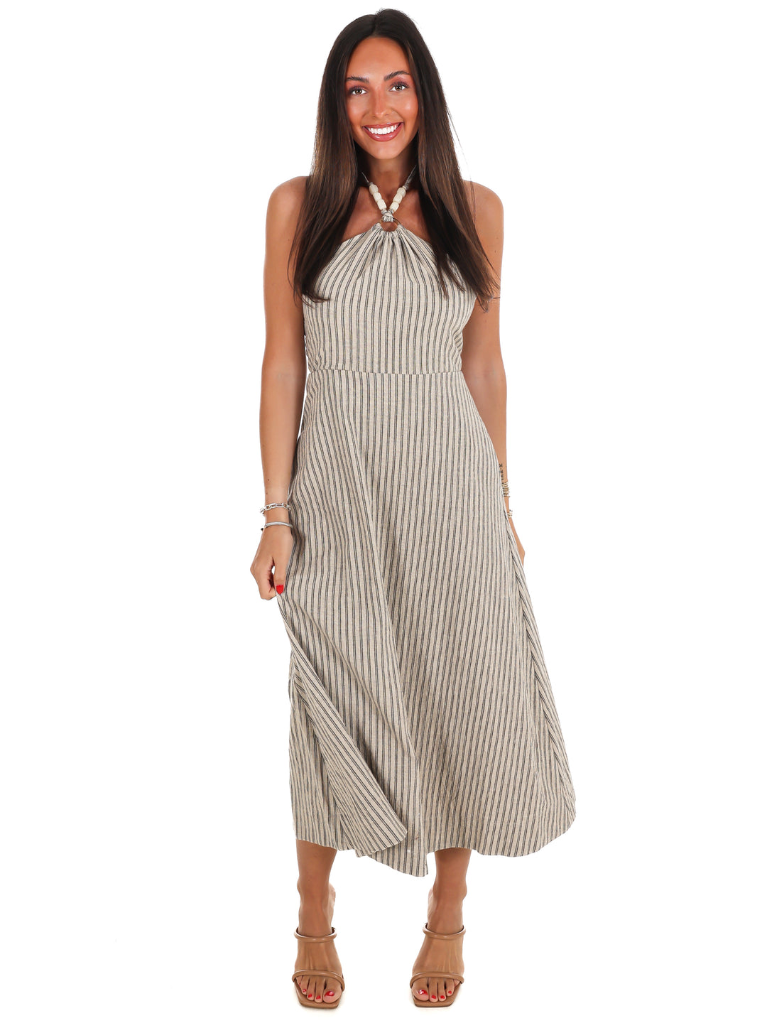 Natural Beauty Beaded Halter Stripe Midi Dress