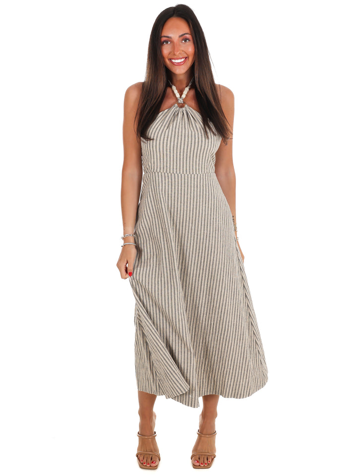 Natural Beauty Beaded Halter Stripe Midi Dress