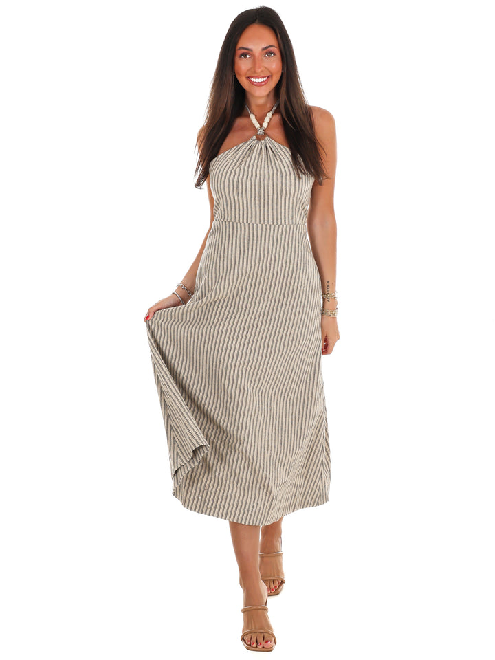 Natural Beauty Beaded Halter Stripe Midi Dress