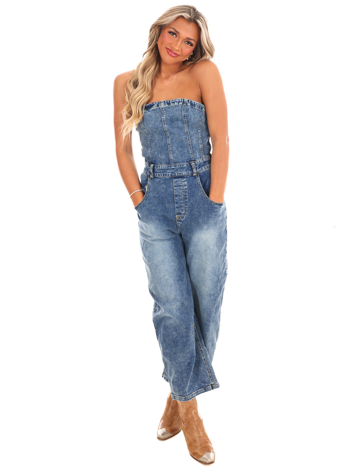 Never Lie Strapless Denim Barrel Jumpsuit