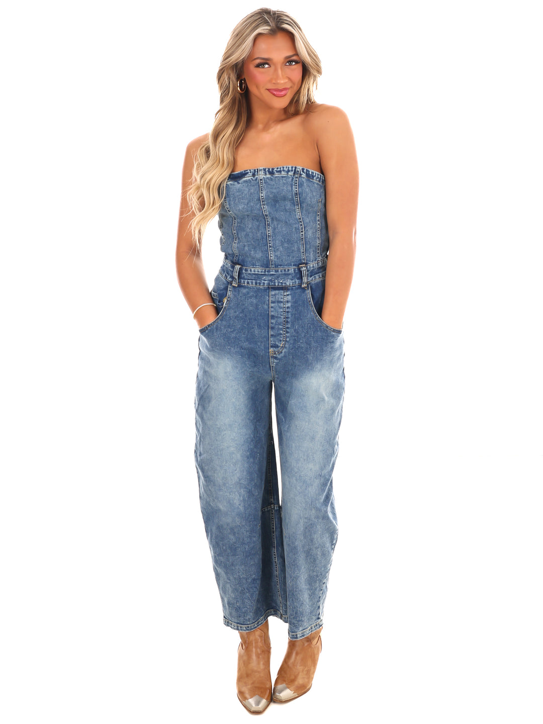 Never Lie Strapless Denim Barrel Jumpsuit