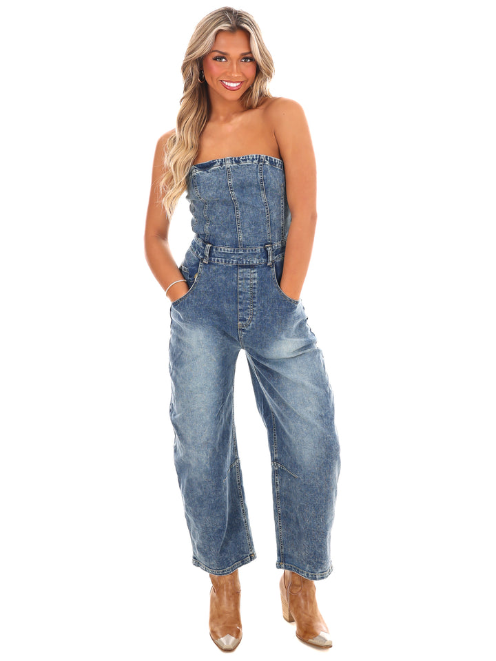 Never Lie Strapless Denim Barrel Jumpsuit