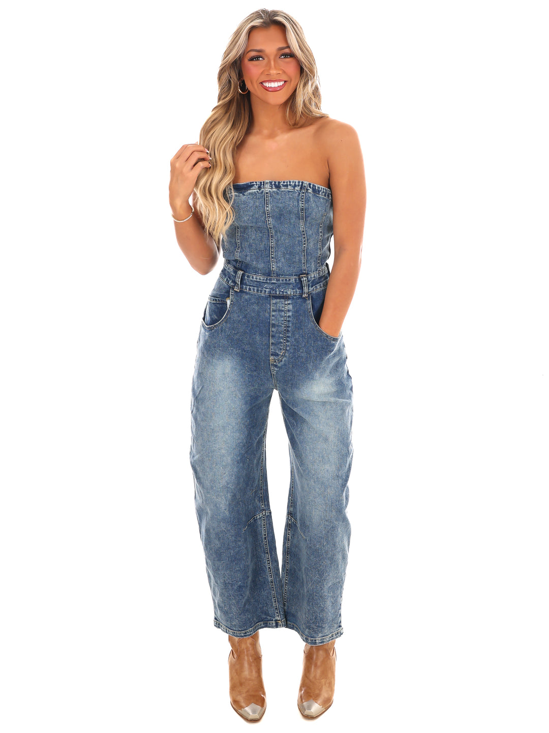 Never Lie Strapless Denim Barrel Jumpsuit