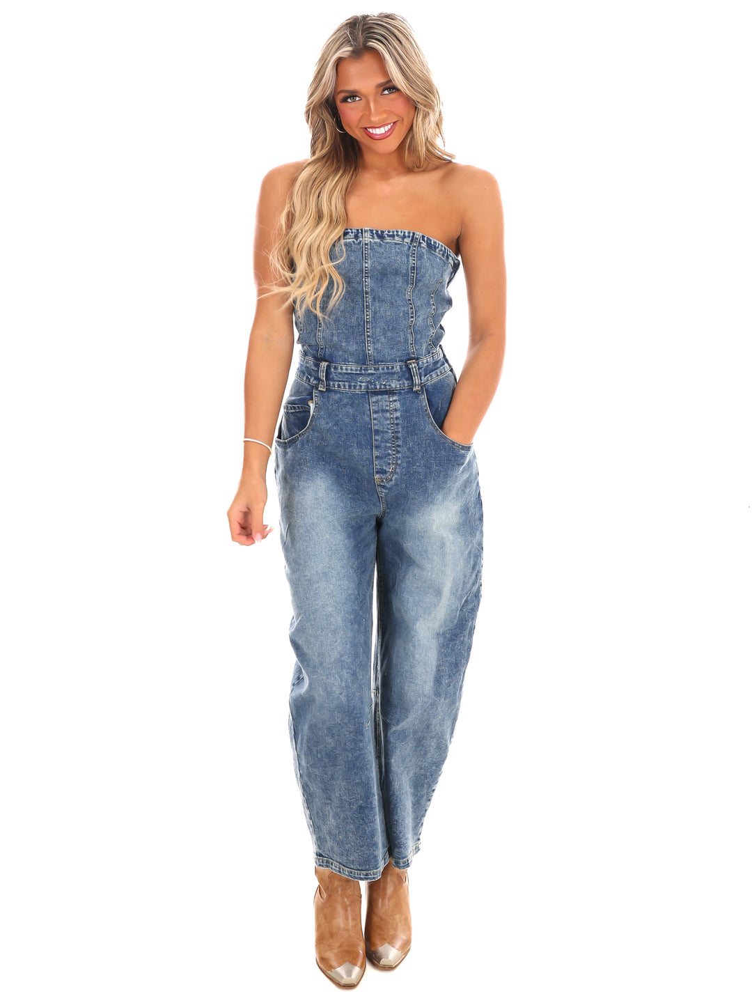 Never Lie Strapless Denim Barrel Jumpsuit