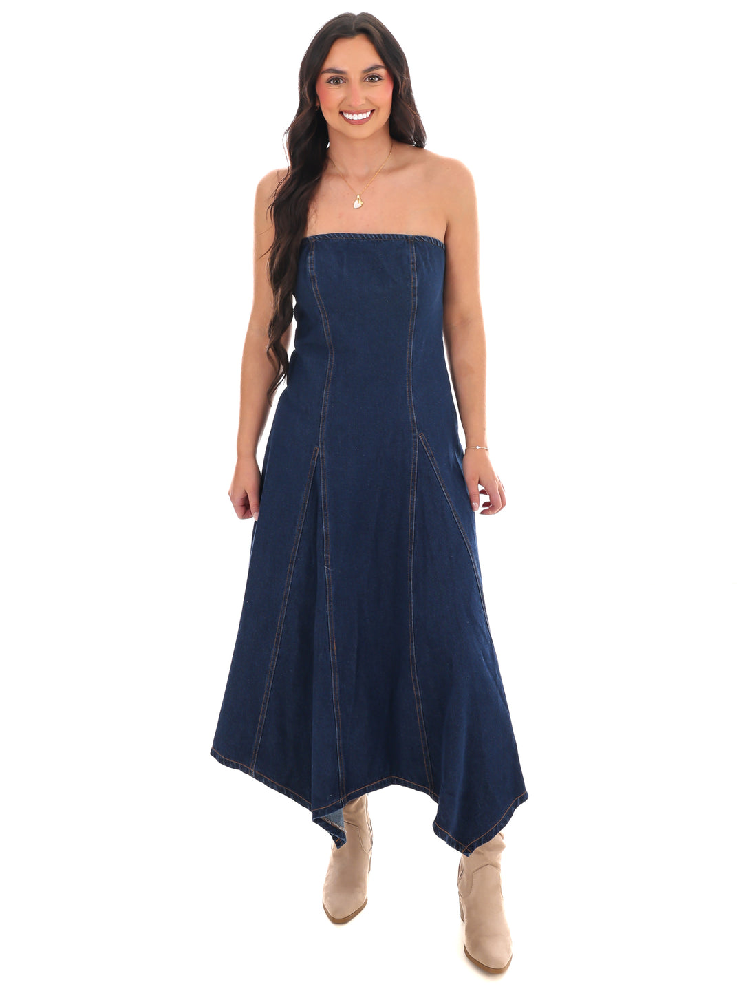 Chasing Joy Denim Tube Midi Dress