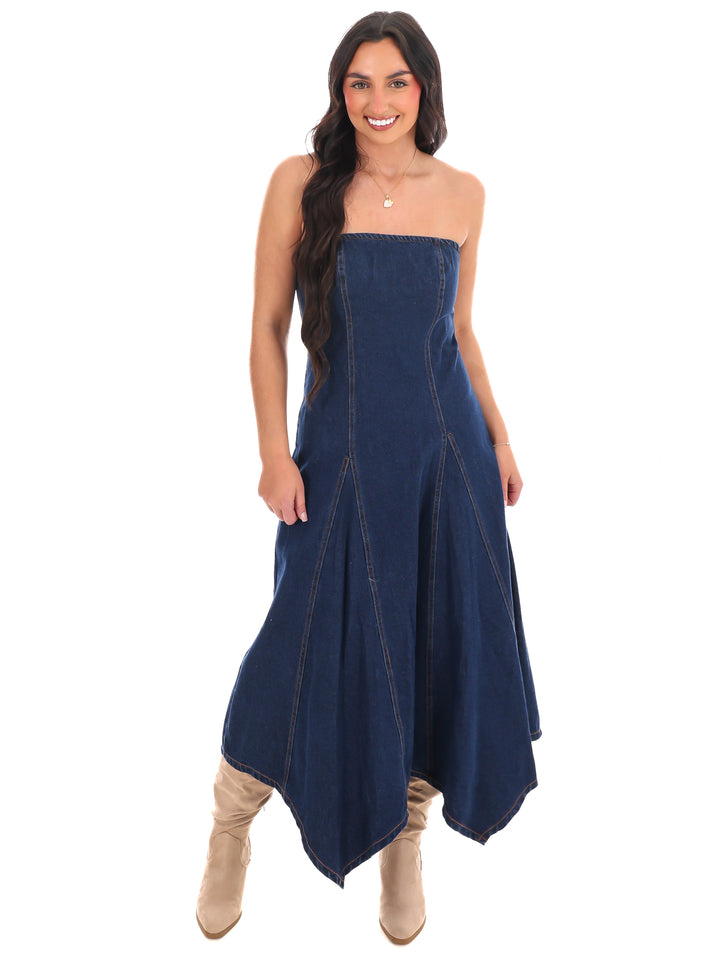 Chasing Joy Denim Tube Midi Dress