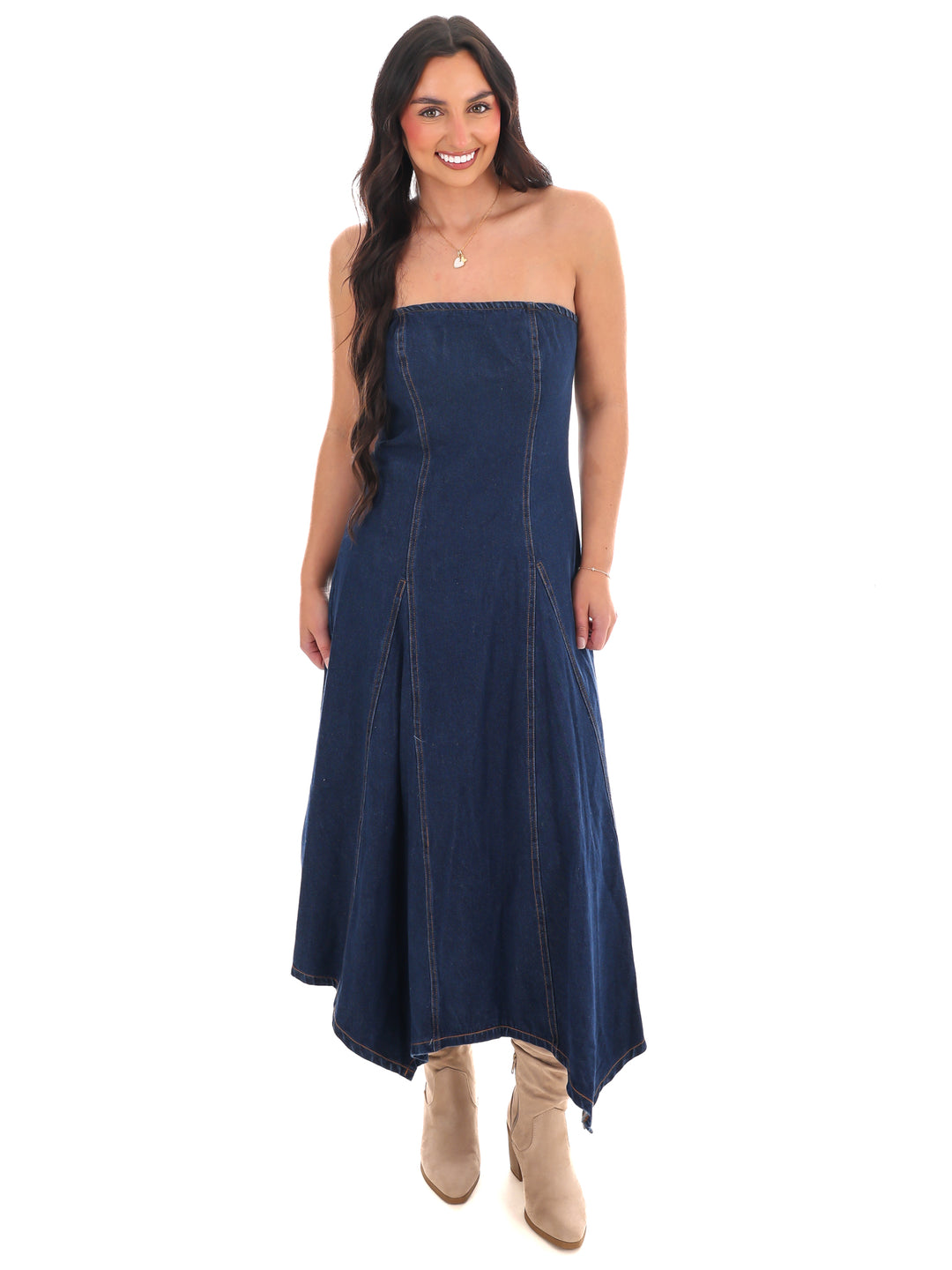 Chasing Joy Denim Tube Midi Dress